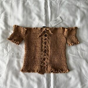 Camel Brown Off-Shoulder Lace-Up Crop Top